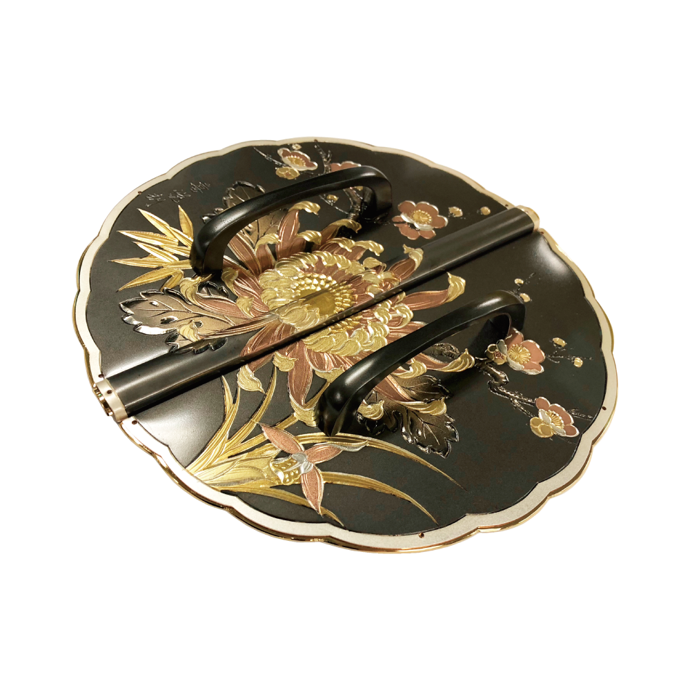 Shikunshi Chrysanthemum Decorative Plate with Grip Handles